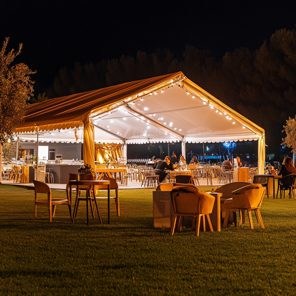 Carpa plegable iluminada para eventos nocturnos al aire libre, con un diseño elegante y resistente. Ideal para celebraciones, bodas y reuniones exclusivas con un ambiente sofisticado.