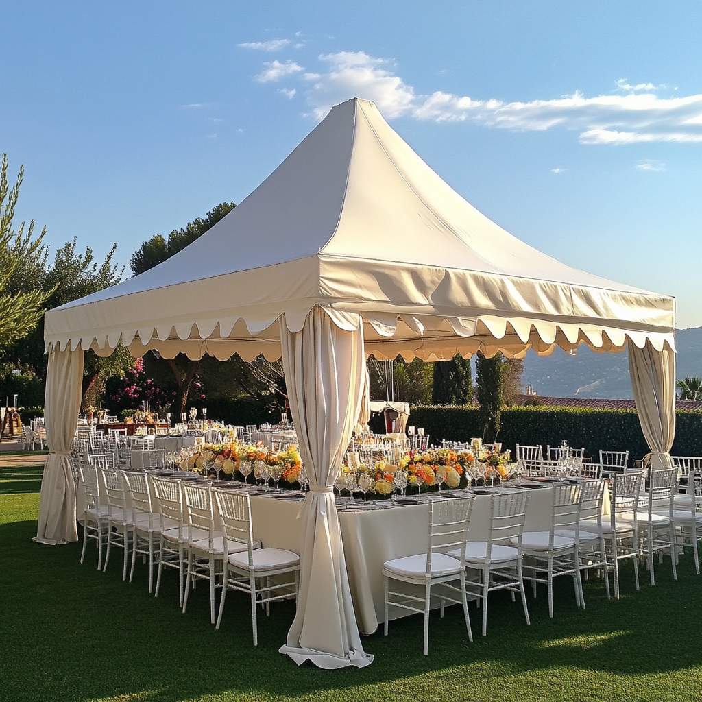 "Carpa plegable de lujo para eventos al aire libre, diseñada para bodas y celebraciones elegantes. Estructura resistente y personalizable, ideal para garantizar confort y exclusividad."